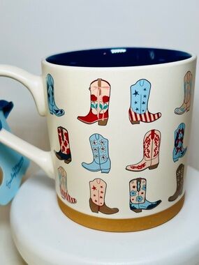 Patriotic Cowgirl Western Boots Ceramic Mug USA Flowers Stars Red White Blue